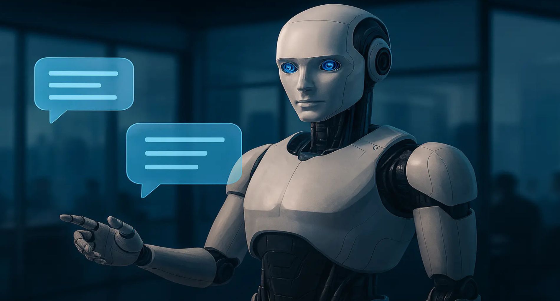 AI assistant robot with chat bubbles